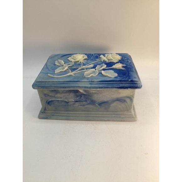 Vintage Blue Swirl Rose Trinket Jewelry Box Hinged Keepsake Organizer - Picture 1 of 9
